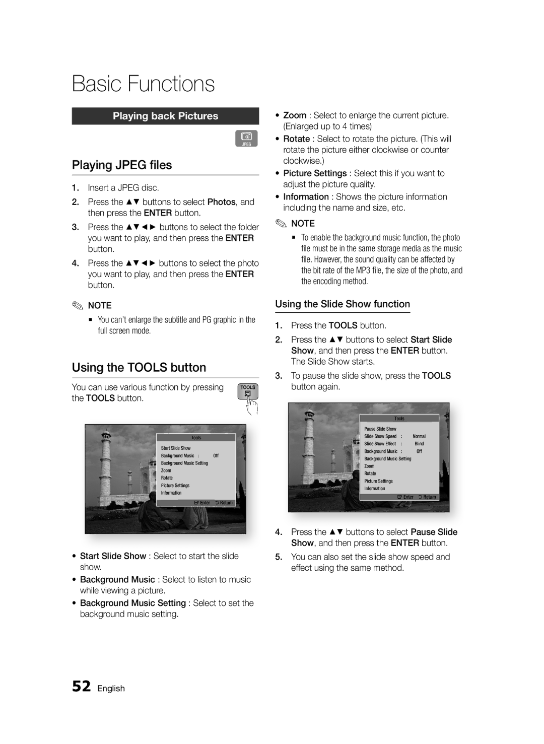 Samsung BD-D7000/XN manual Playing Jpeg files, Using the Tools button, Playing back Pictures, Using the Slide Show function 