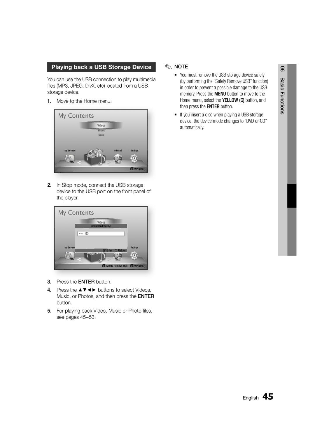 Samsung BD-D7000/EN manual Playing back a USB Storage Device, Stop mode, connect the USB storage, Player, See pages 45~53 