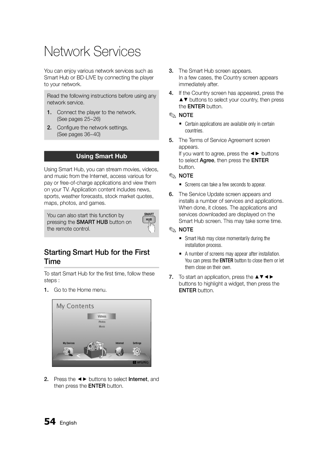 Samsung BD-D7000/ZF, BD-D7000/XN, BD-D7000/EN manual Network Services, Starting Smart Hub for the First Time, Using Smart Hub 