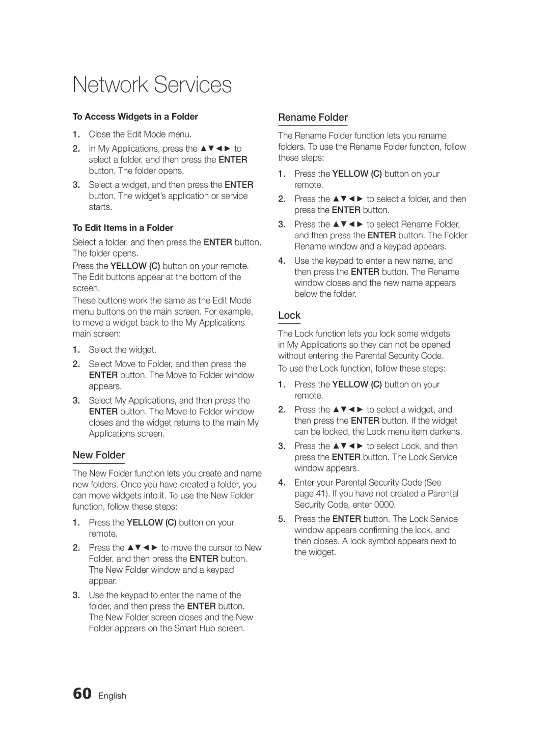 Samsung BD-D7000/XN, BD-D7000/EN New Folder, Rename Folder, Lock, To Access Widgets in a Folder, To Edit Items in a Folder 