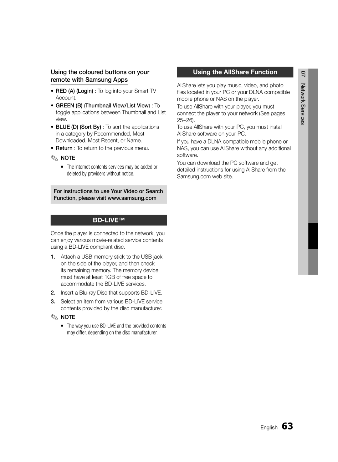 Samsung BD-D7000/XE, BD-D7000/XN Using the coloured buttons on your remote with Samsung Apps, Using the AllShare Function 