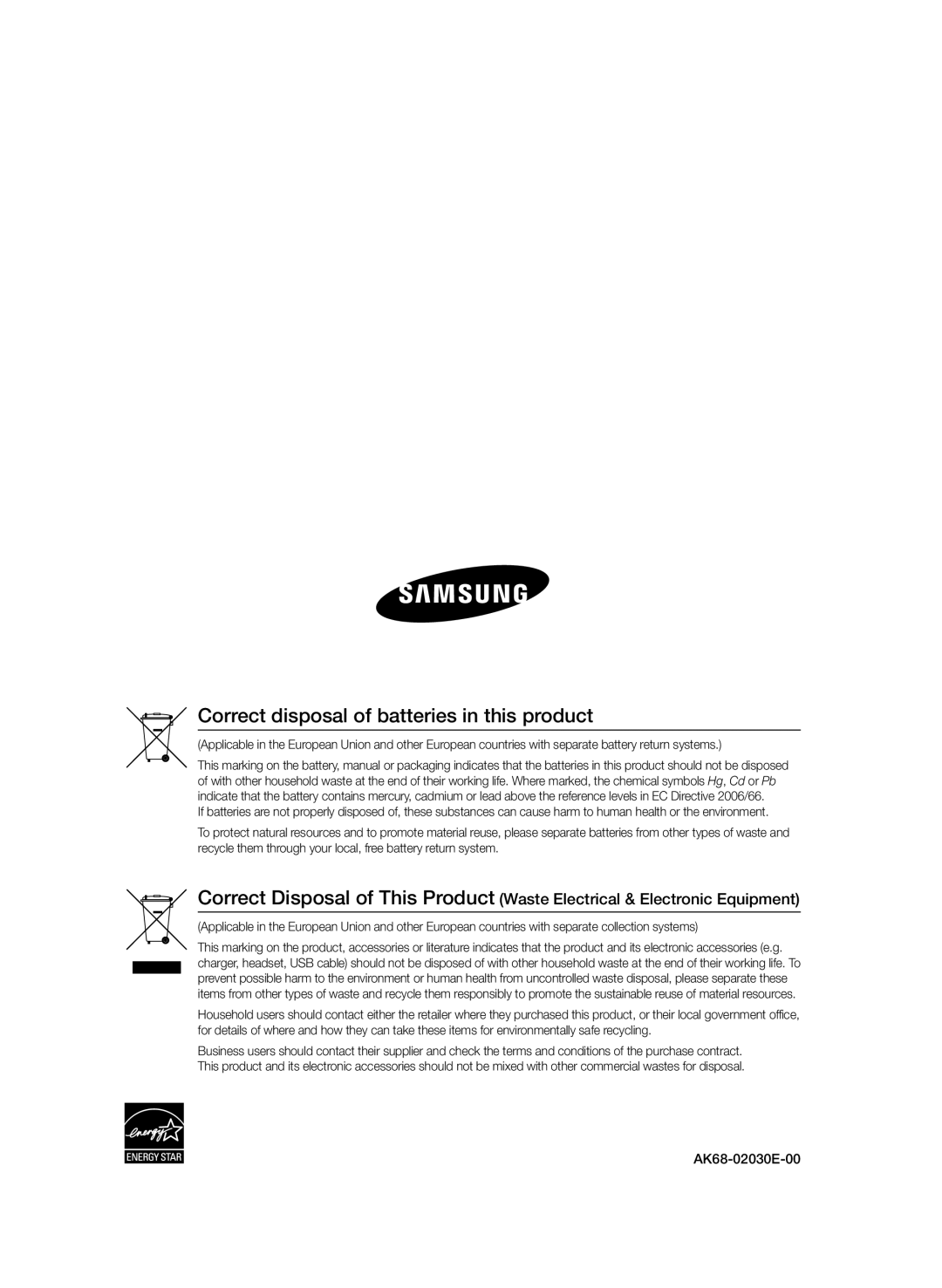 Samsung BD-D7000/XN, BD-D7000/EN, BD-D7000/ZF, BD-D7000/XE Correct disposal of batteries in this product, AK68-02030E-00 