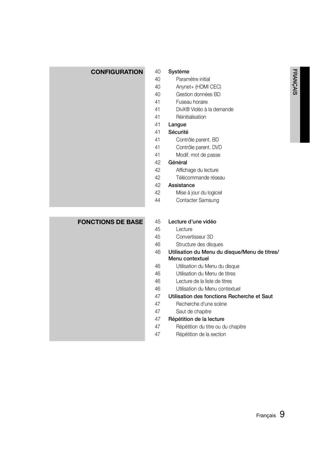 Samsung BD-D7000/EN, BD-D7000/XN, BD-D7000/ZF, BD-D7000/XE manual Configuration Fonctions de base 