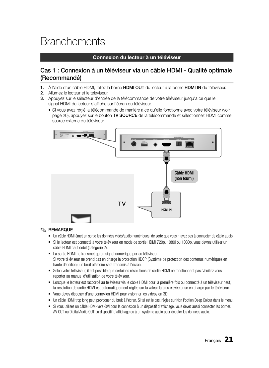 Samsung BD-D7000/EN, BD-D7000/XN, BD-D7000/ZF, BD-D7000/XE manual Branchements, Connexion du lecteur à un téléviseur 