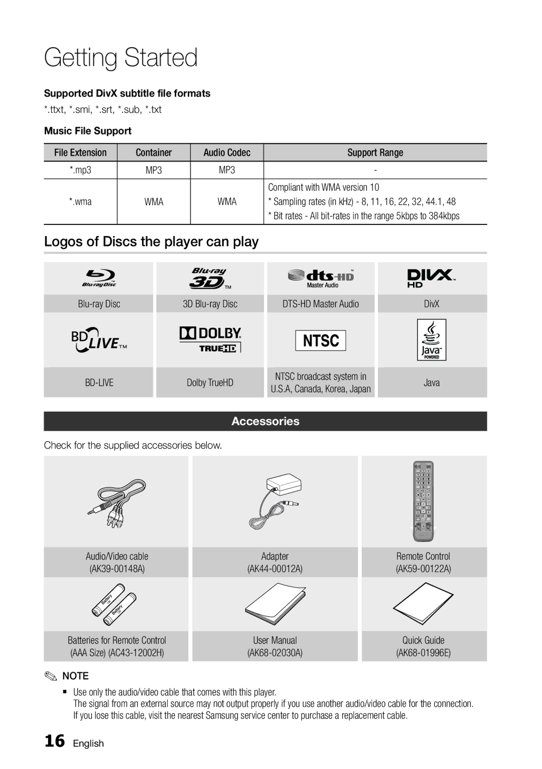 Samsung BD-D7000/ZA, BD-D7000/ZF manual Logos of Discs the player can play, Accessories, Music File Support 