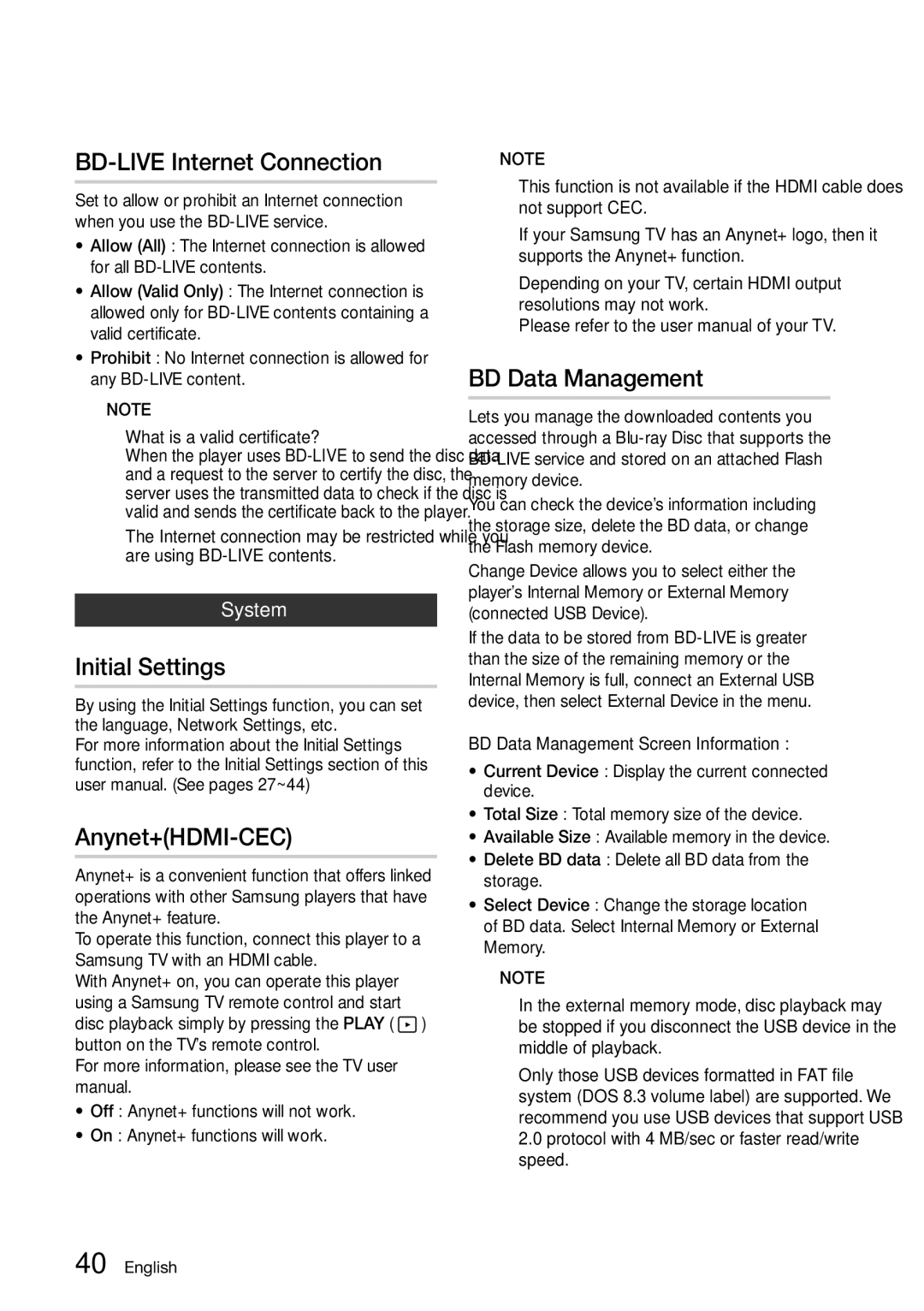 Samsung BD-D7000/ZA manual BD-LIVE Internet Connection, Initial Settings, Anynet+HDMI-CEC, BD Data Management, System 