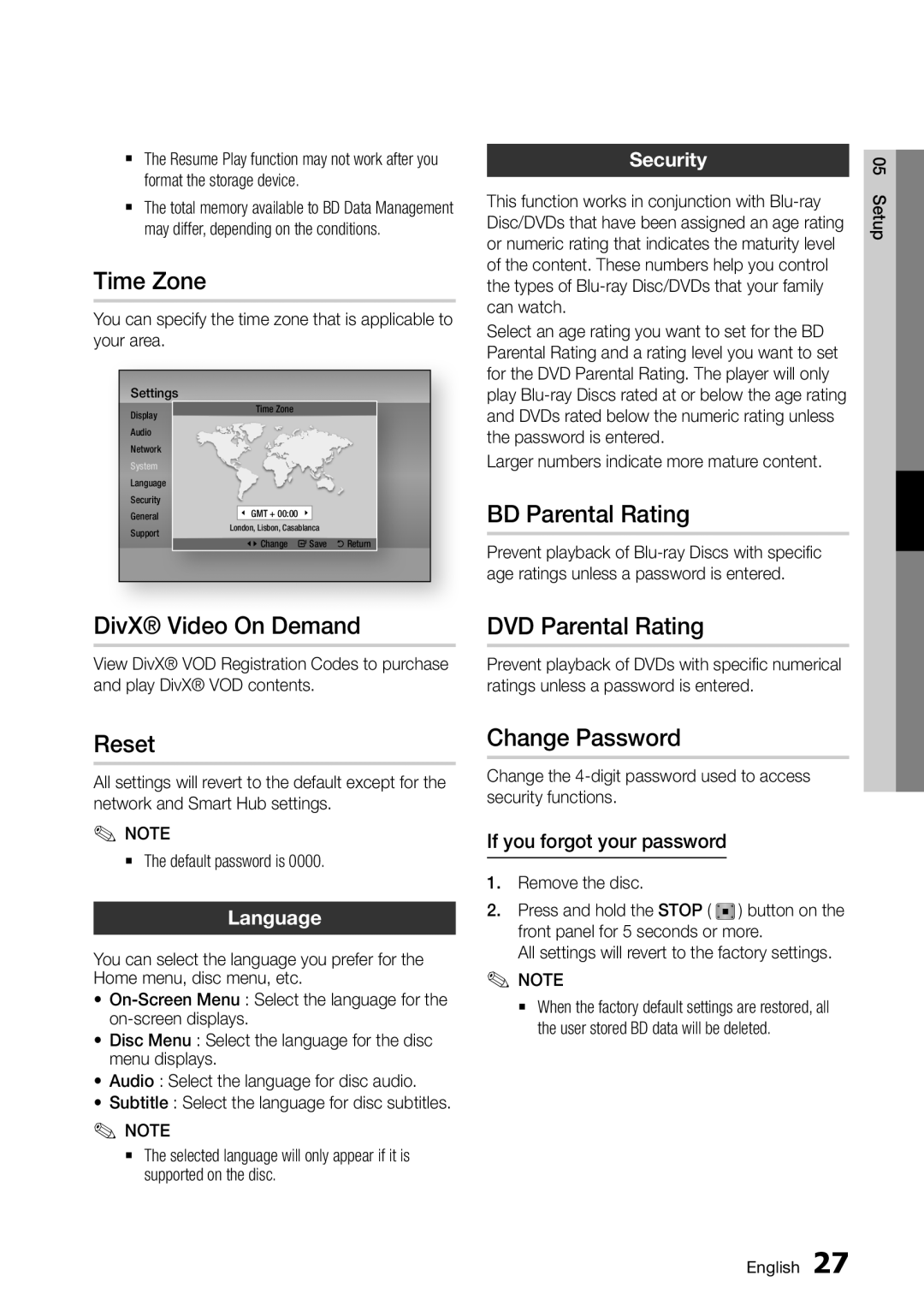 Samsung BD-D7000/ZF manual Time Zone, DivX Video On Demand, Reset, BD Parental Rating, DVD Parental Rating, Change Password 