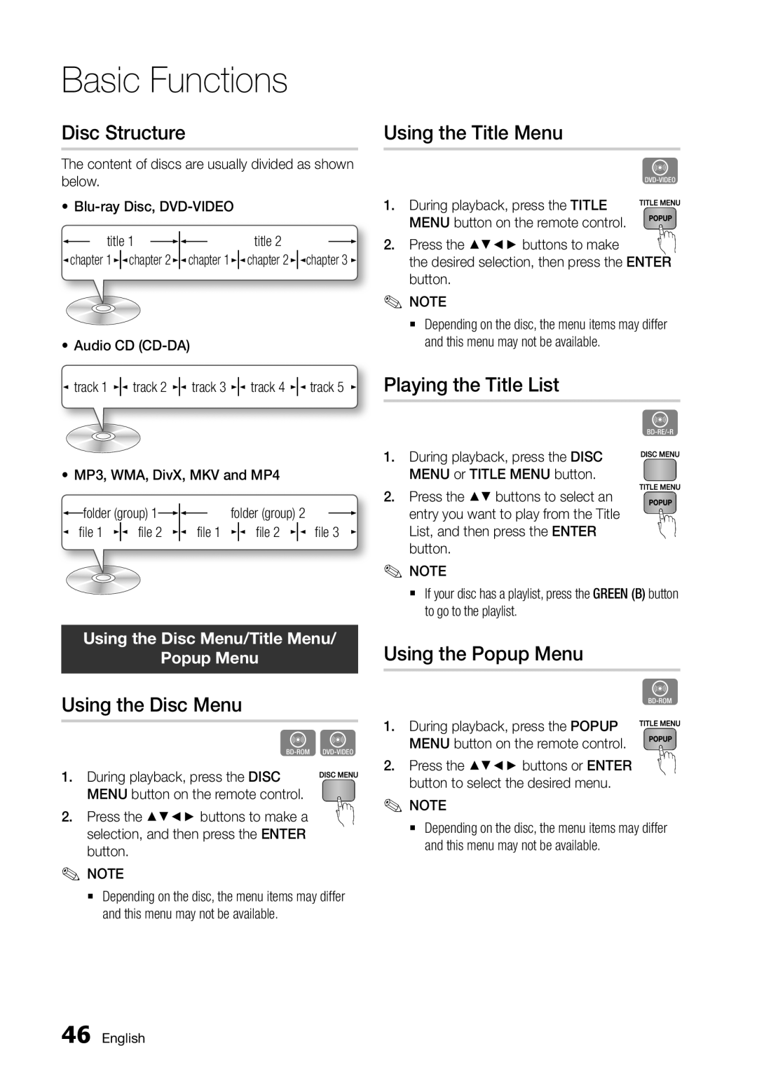 Samsung BD-D7000/ZA, BD-D7000/ZF manual Disc Structure, Using the Disc Menu, Using the Title Menu, Playing the Title List 