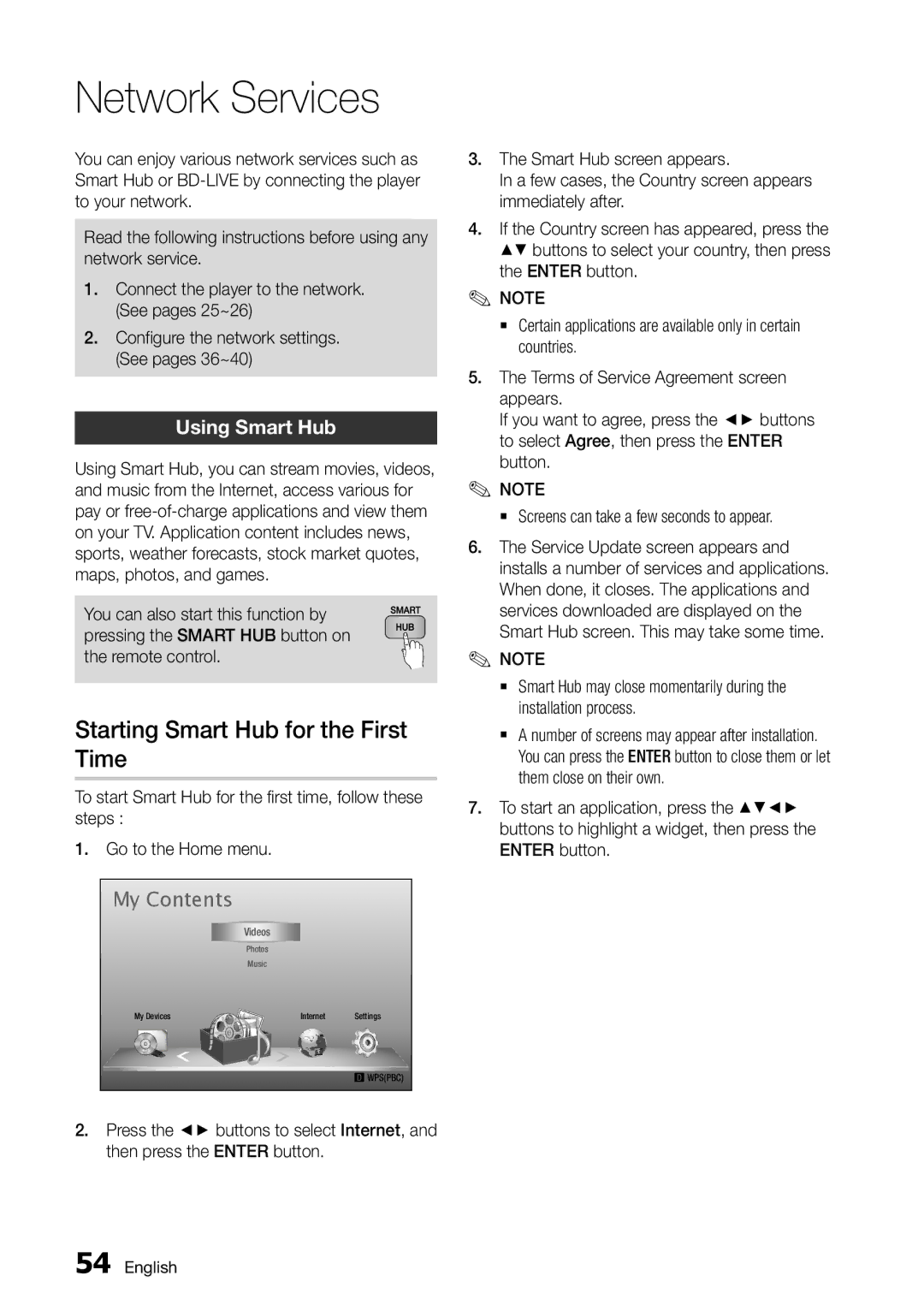 Samsung BD-D7000/ZA, BD-D7000/ZF manual Network Services, Starting Smart Hub for the First Time, Using Smart Hub 