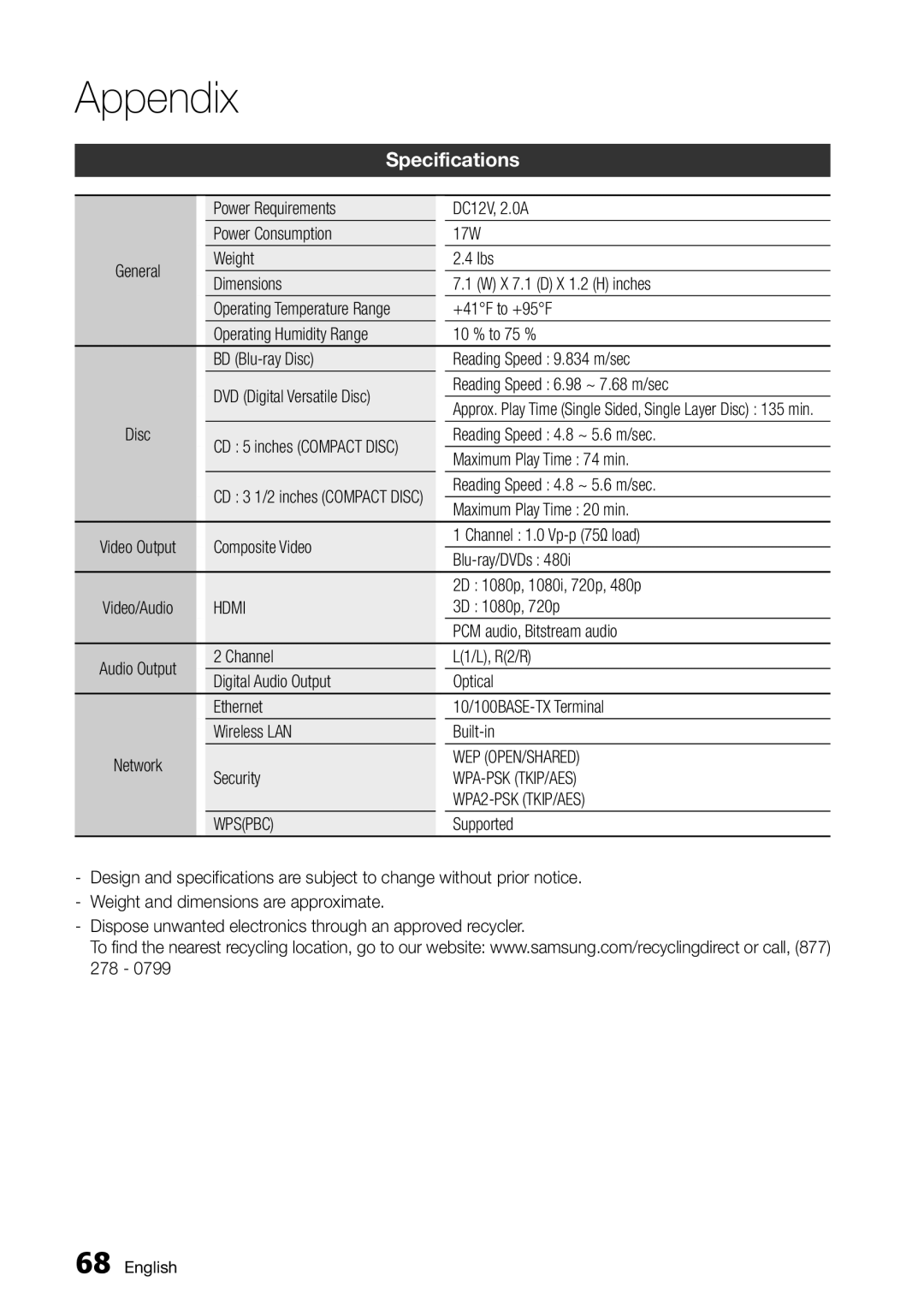 Samsung BD-D7000/ZA, BD-D7000/ZF manual Specifications 