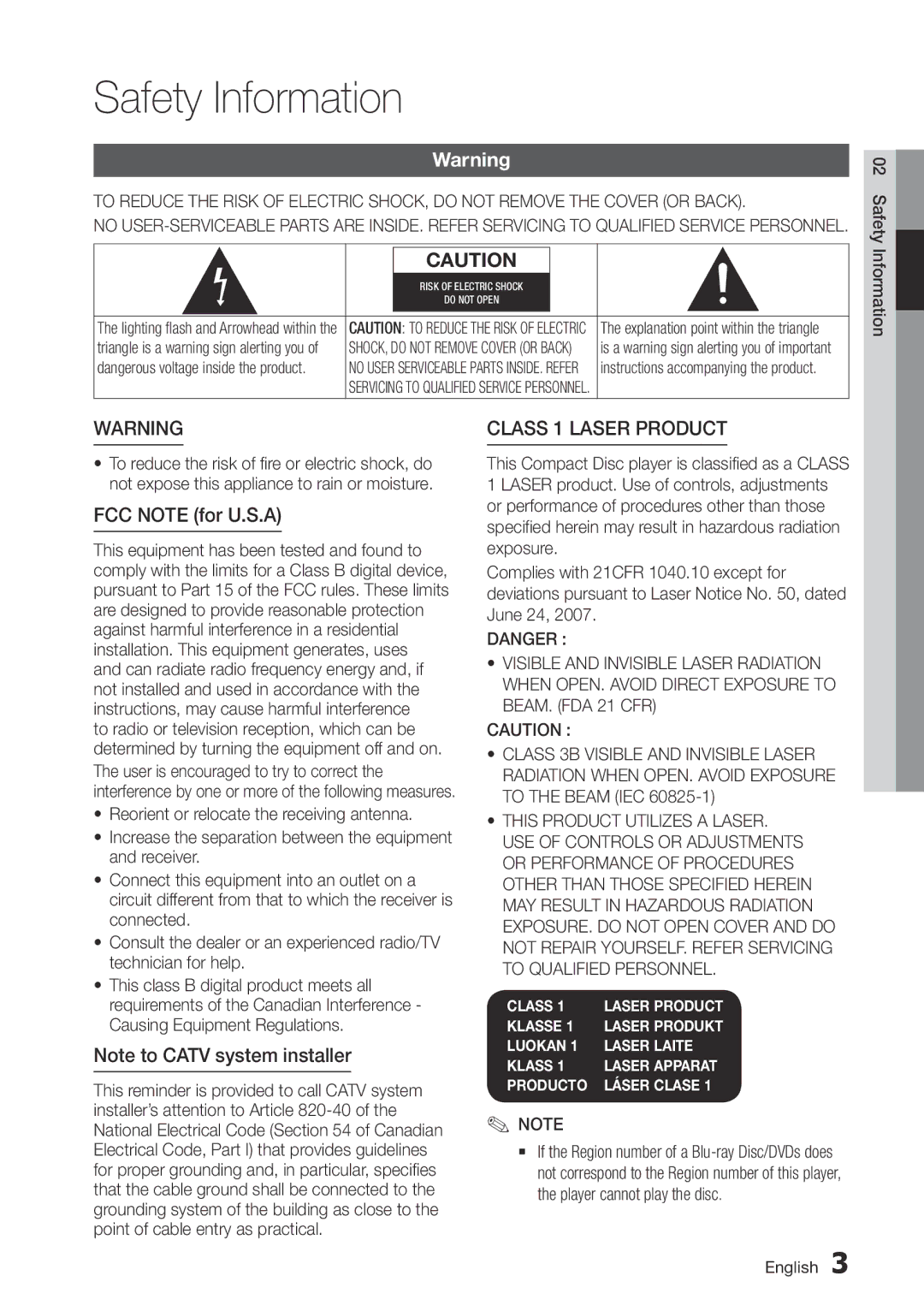 Samsung BD-D7000/ZA user manual Safety Information, FCC Note for U.S.A, Class 1 Laser product 