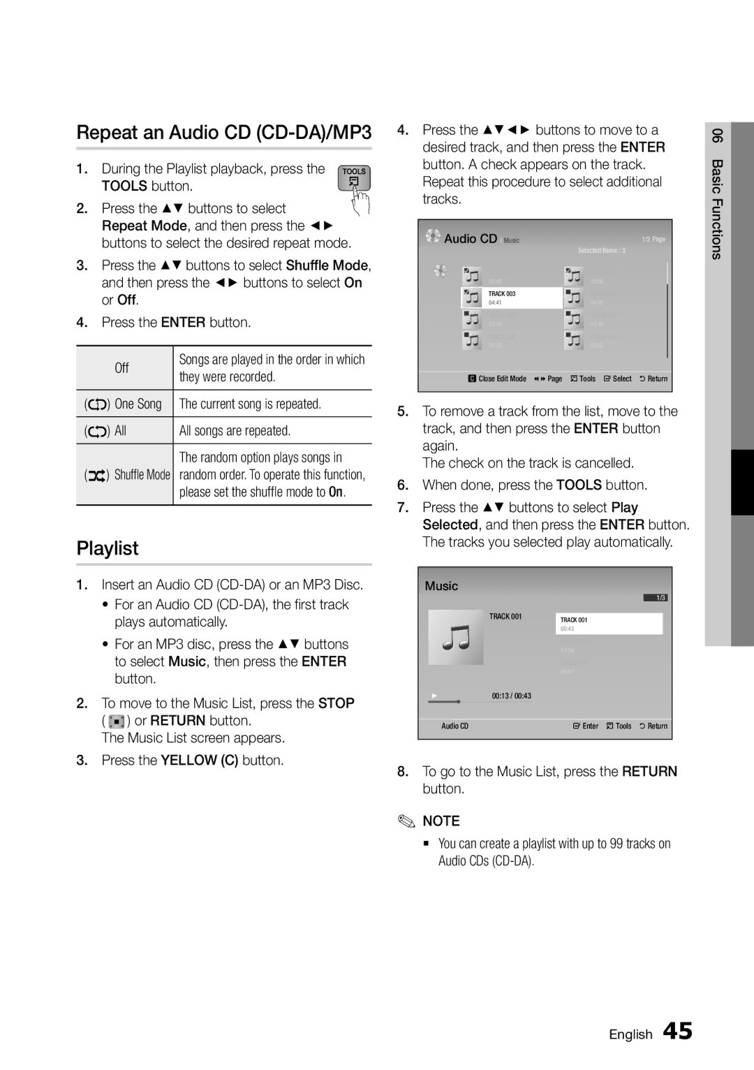 Samsung BD-D7000/ZA user manual Repeat an Audio CD CD-DA/MP3, Playlist, They were recorded, Current song is repeated 