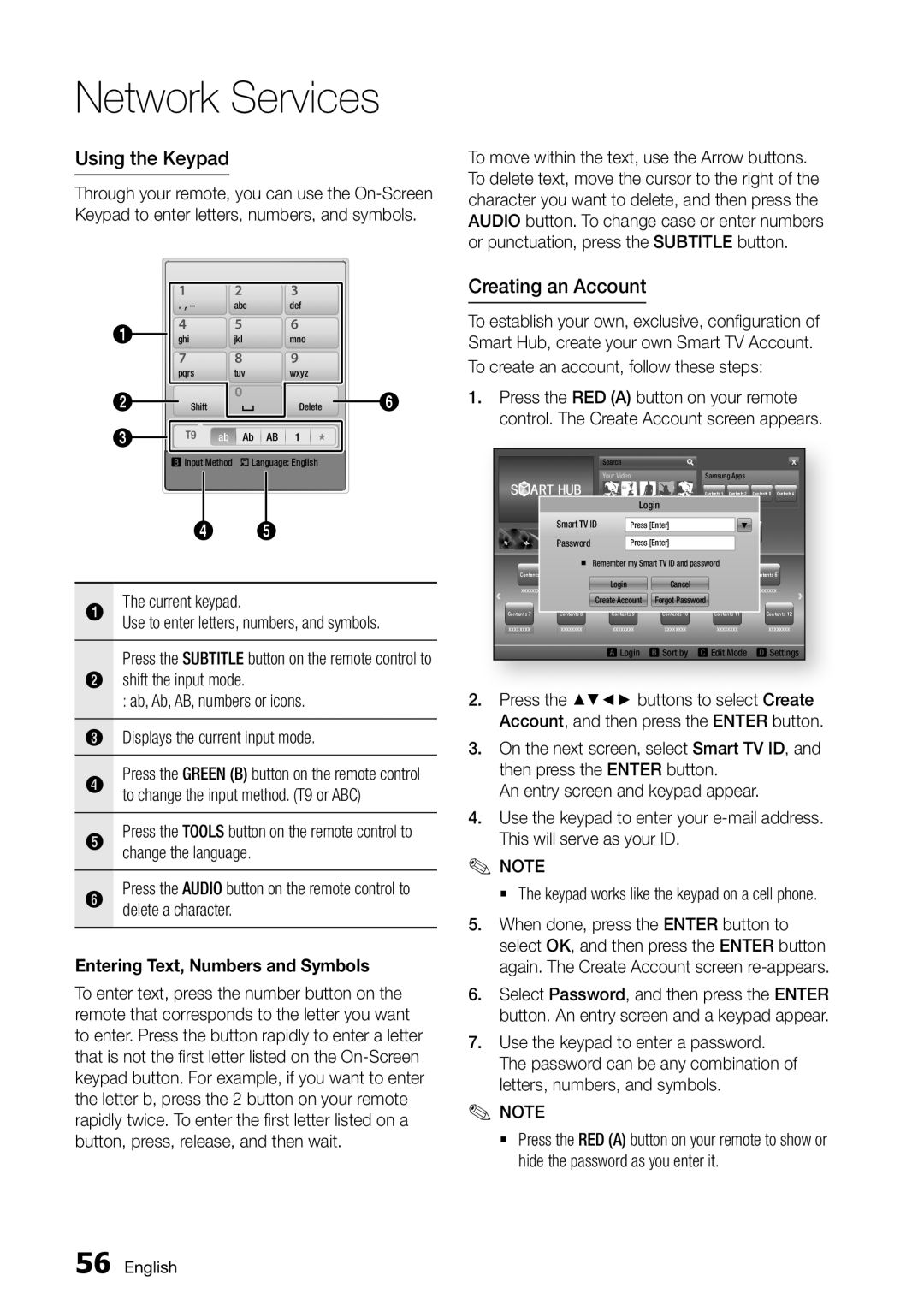 Samsung BD-D7000/ZA user manual Using the Keypad, Creating an Account, Entering Text, Numbers and Symbols 