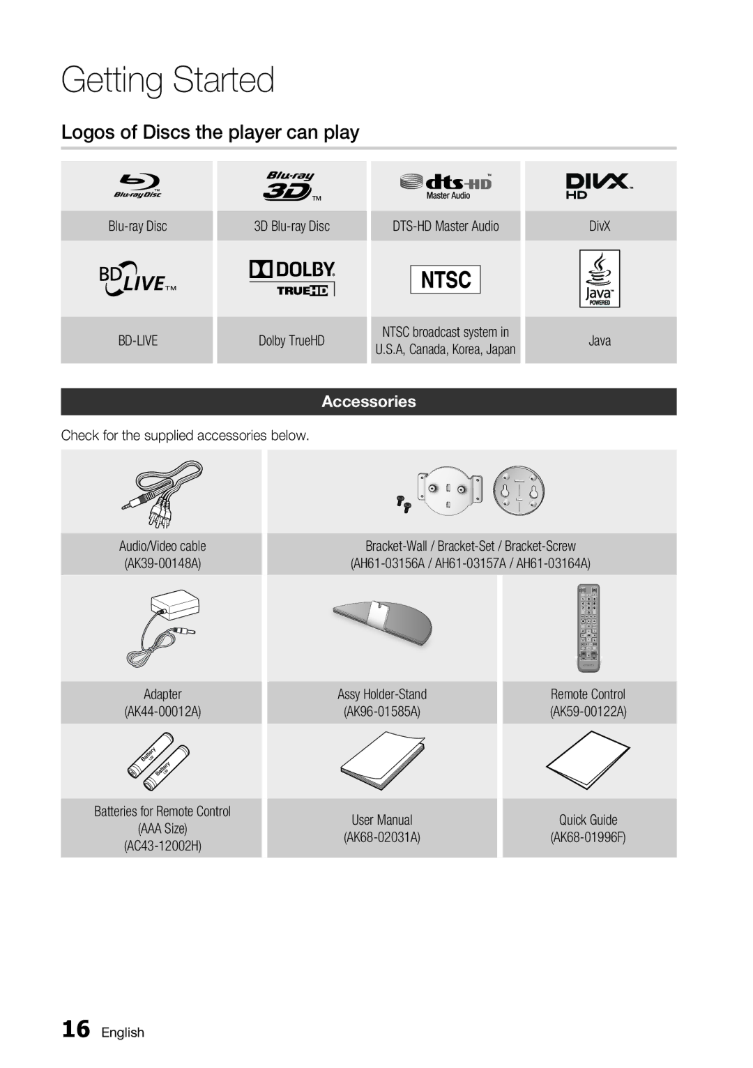 Samsung BD-D7500 user manual Logos of Discs the player can play, Accessories 