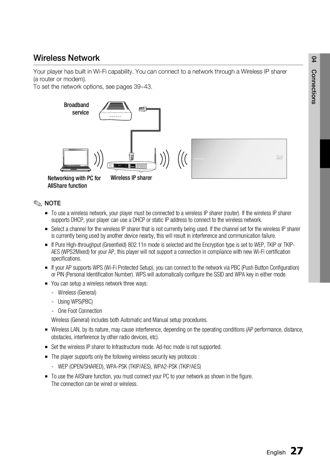 Samsung BD-D7500 user manual Wireless Network 