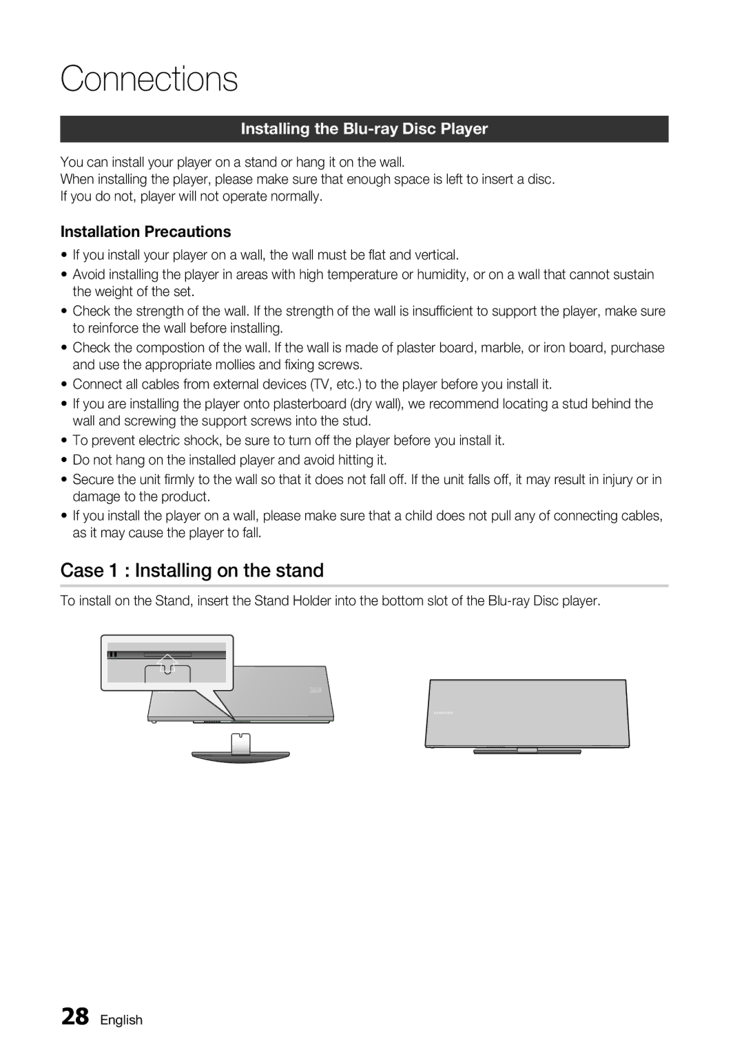 Samsung BD-D7500 user manual Case 1 Installing on the stand, Installing the Blu-ray Disc Player 