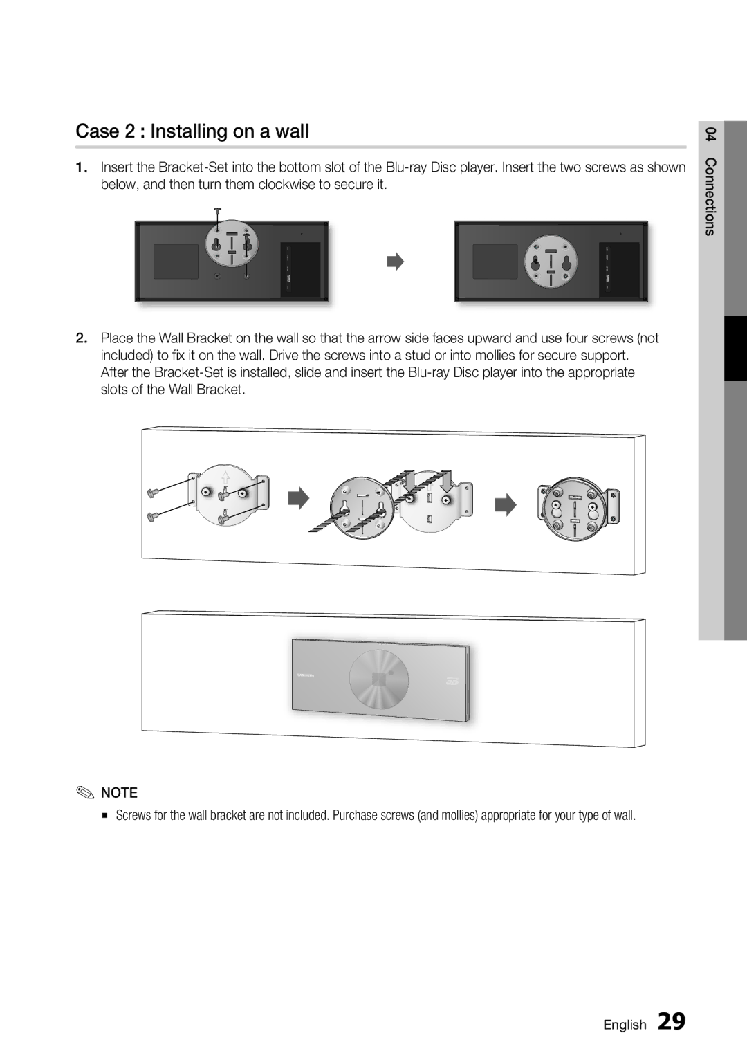 Samsung BD-D7500 user manual Case 2 Installing on a wall 