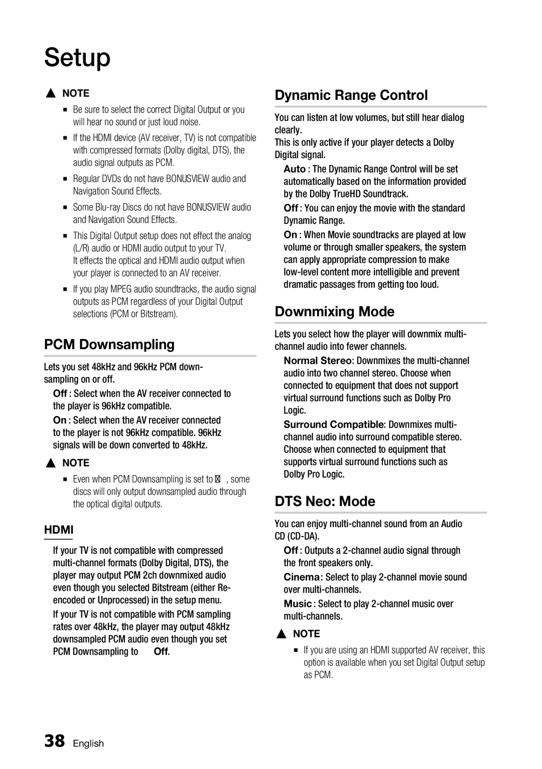 Samsung BD-D7500 user manual PCM Downsampling, Dynamic Range Control, Downmixing Mode, DTS Neo6 Mode 