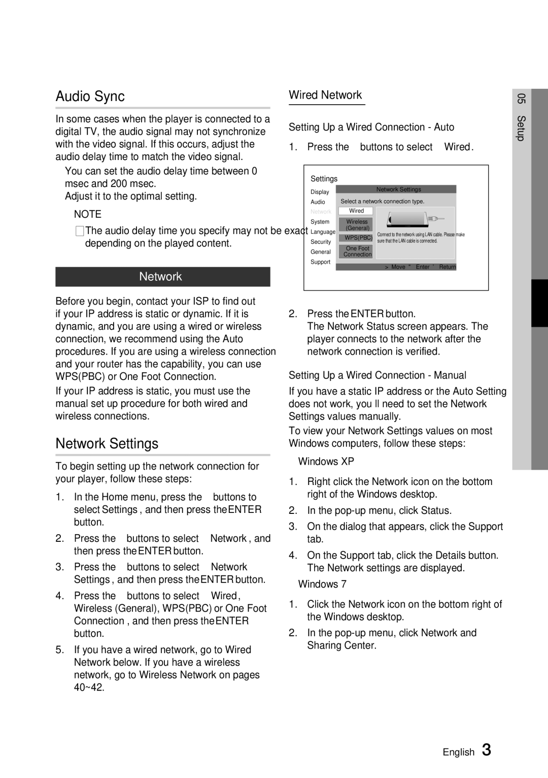 Samsung BD-D7500 user manual Audio Sync, Network Settings, Wired Network 