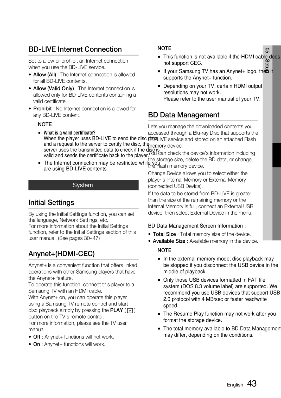 Samsung BD-D7500 user manual BD-LIVE Internet Connection, Initial Settings, Anynet+HDMI-CEC, BD Data Management, System 