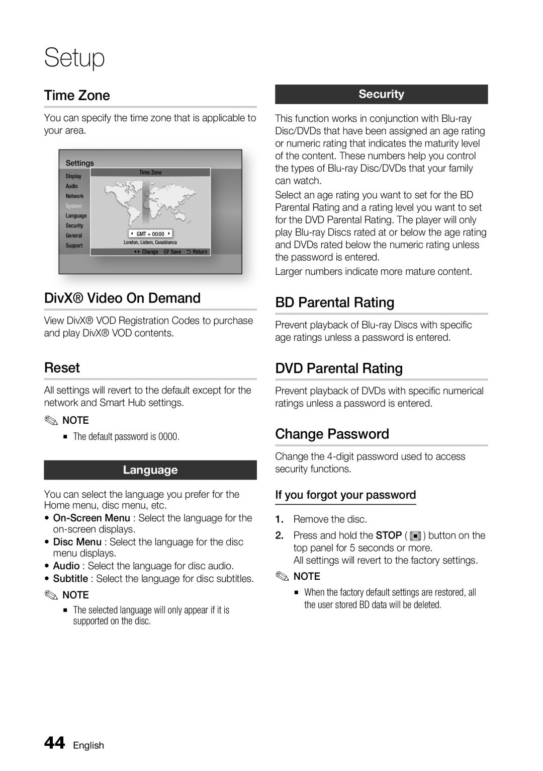 Samsung BD-D7500 Time Zone, DivX Video On Demand, Reset, BD Parental Rating, DVD Parental Rating, Change Password 