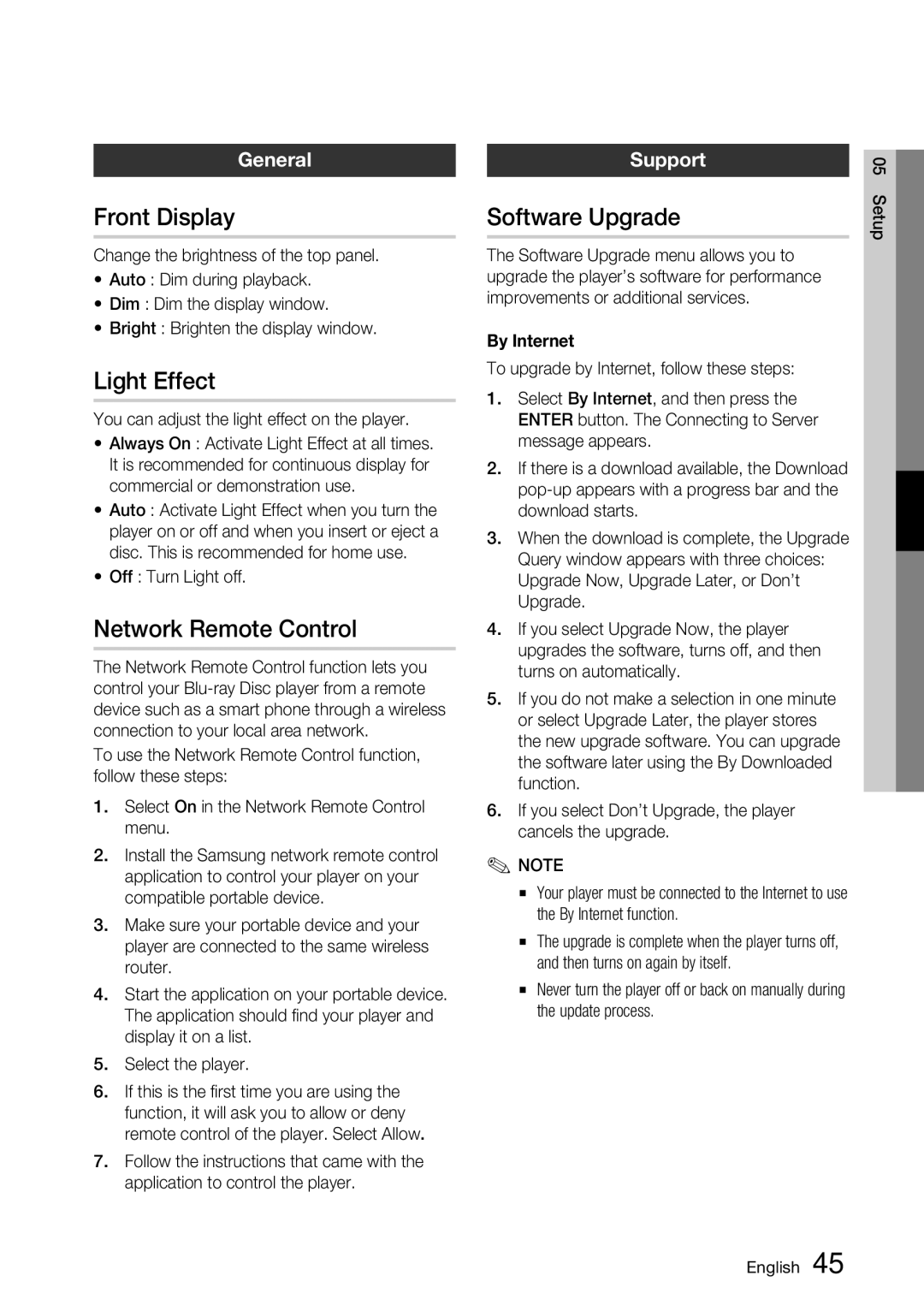 Samsung BD-D7500 user manual Front Display, Light Effect, Network Remote Control, Software Upgrade 