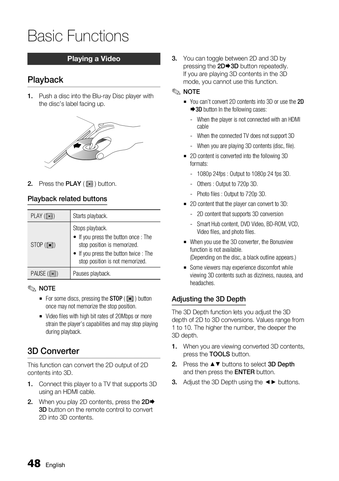 Samsung BD-D7500 user manual Basic Functions, Playback, 3D Converter, Playing a Video 