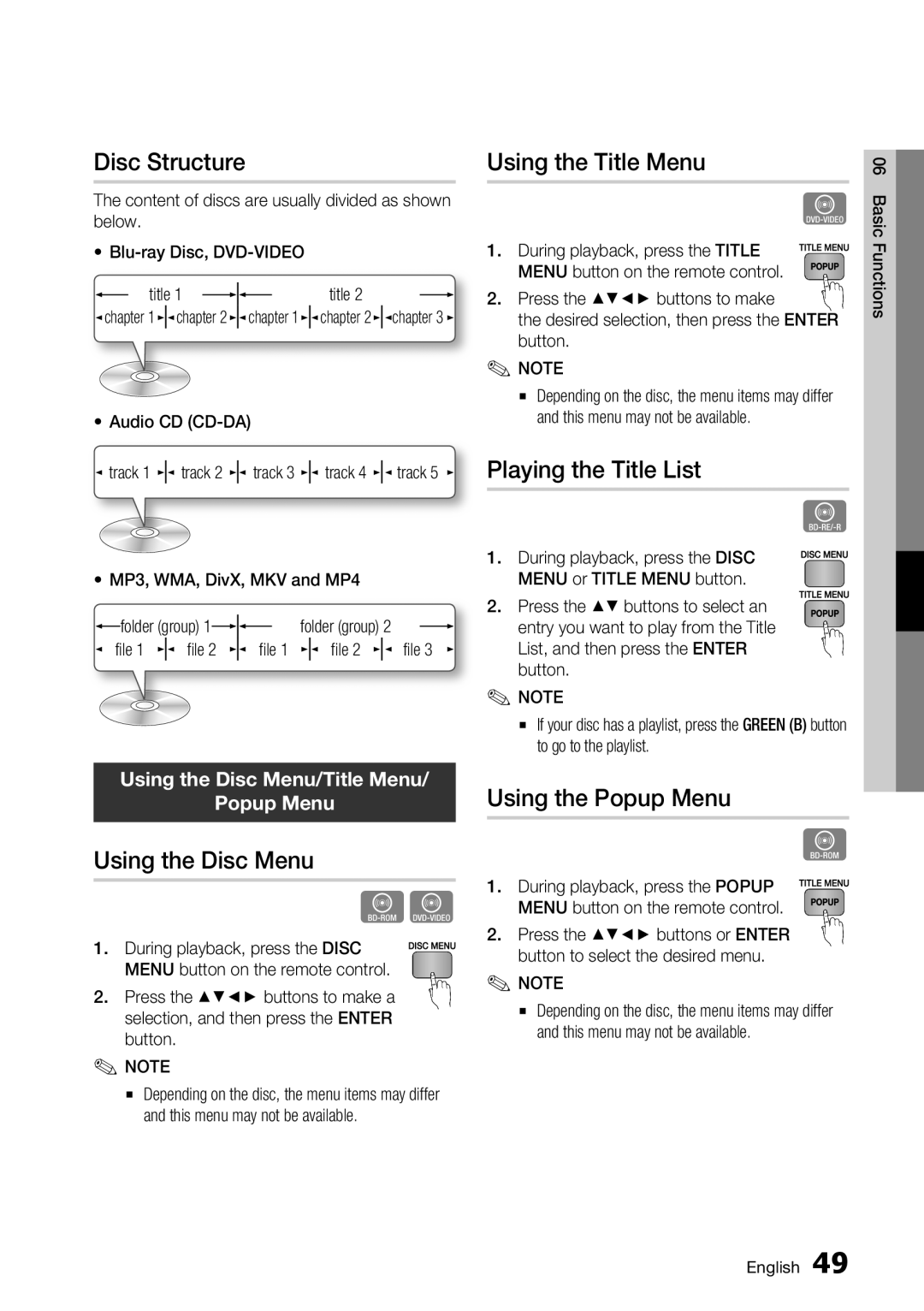 Samsung BD-D7500 Disc Structure, Using the Disc Menu, Using the Title Menu, Playing the Title List, Using the Popup Menu 