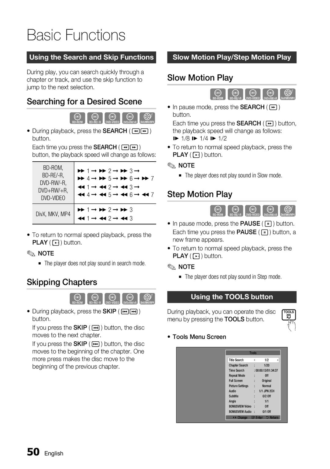 Samsung BD-D7500 user manual Searching for a Desired Scene, Skipping Chapters, Slow Motion Play, Step Motion Play 