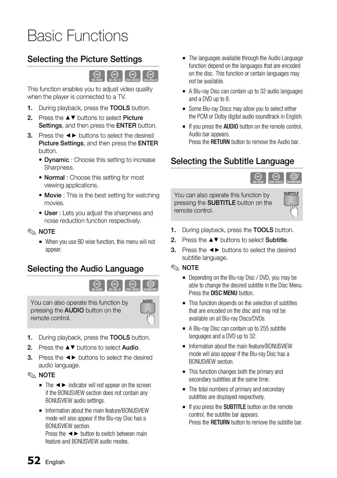 Samsung BD-D7500 user manual Selecting the Picture Settings, Selecting the Audio Language, Selecting the Subtitle Language 