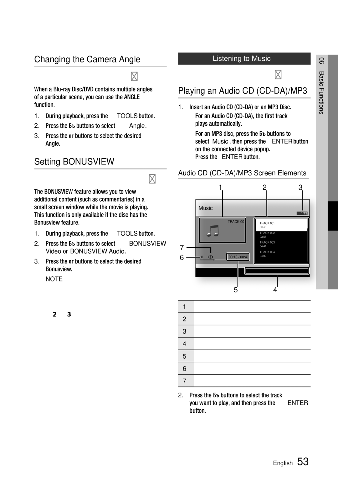 Samsung BD-D7500 Changing the Camera Angle, Setting Bonusview, Playing an Audio CD CD-DA/MP3, Listening to Music 