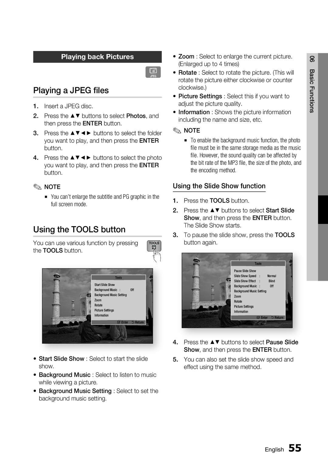 Samsung BD-D7500 Playing a Jpeg files, Using the Tools button, Playing back Pictures, Using the Slide Show function 