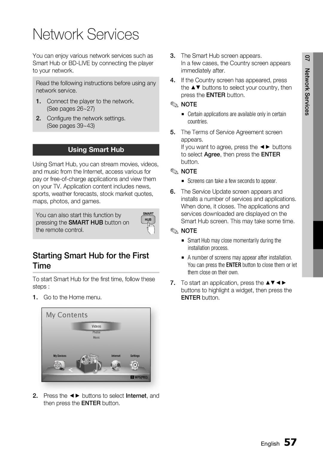 Samsung BD-D7500 user manual Starting Smart Hub for the First, Time, Using Smart Hub 