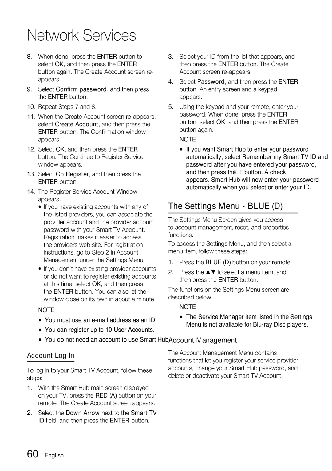 Samsung BD-D7500 user manual Settings Menu Blue D, Account Log, Account Management 