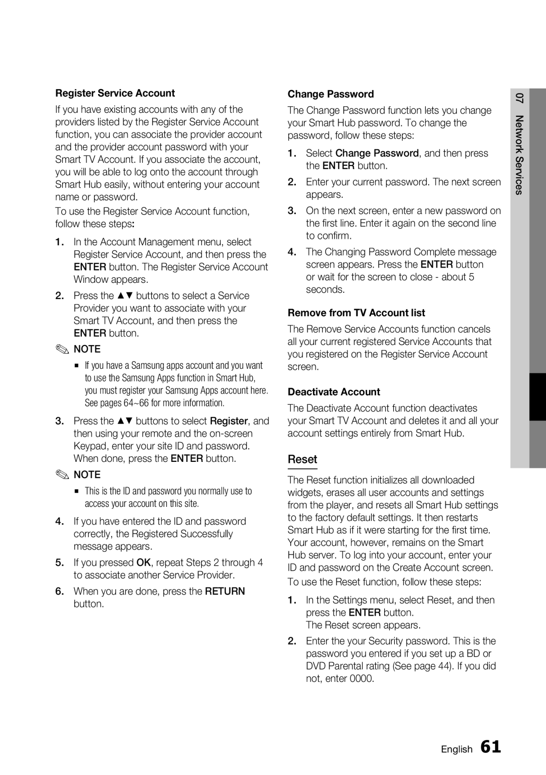 Samsung BD-D7500 Reset, Register Service Account, Change Password, Remove from TV Account list, Deactivate Account 