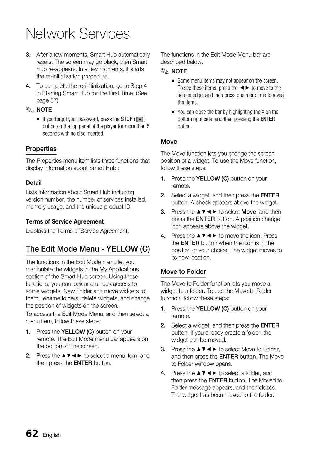 Samsung BD-D7500 user manual Edit Mode Menu Yellow C, Properties, Move to Folder 