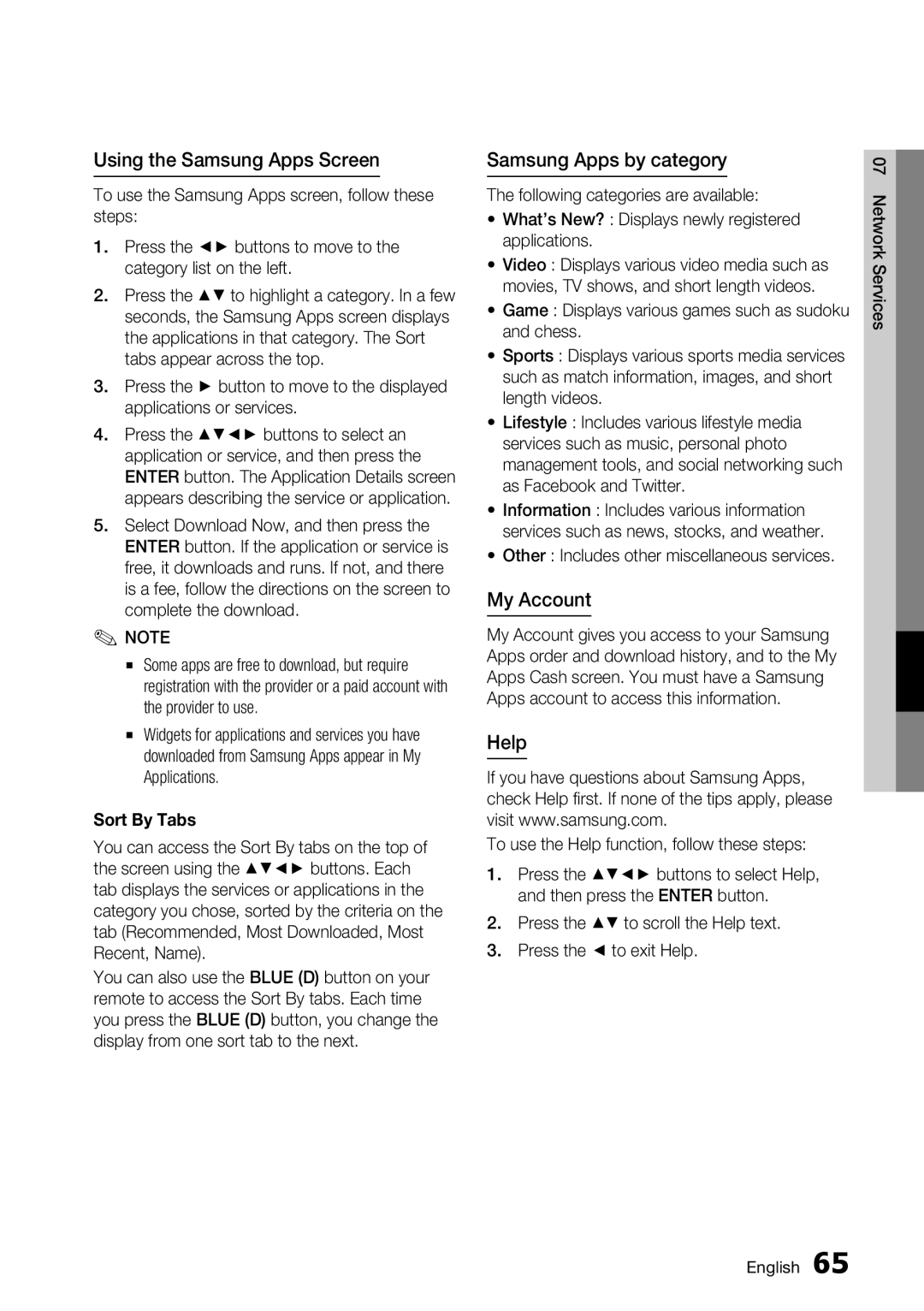 Samsung BD-D7500 user manual Using the Samsung Apps Screen, Samsung Apps by category, My Account, Help, Sort By Tabs 