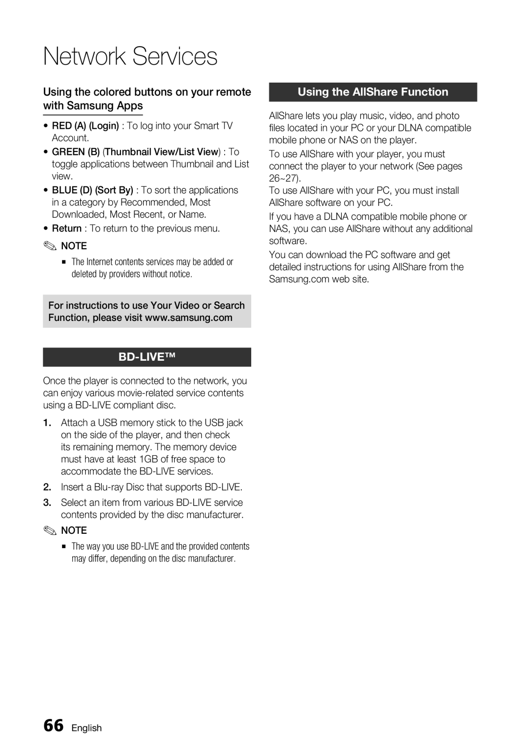 Samsung BD-D7500 user manual Using the colored buttons on your remote with Samsung Apps, Using the AllShare Function 