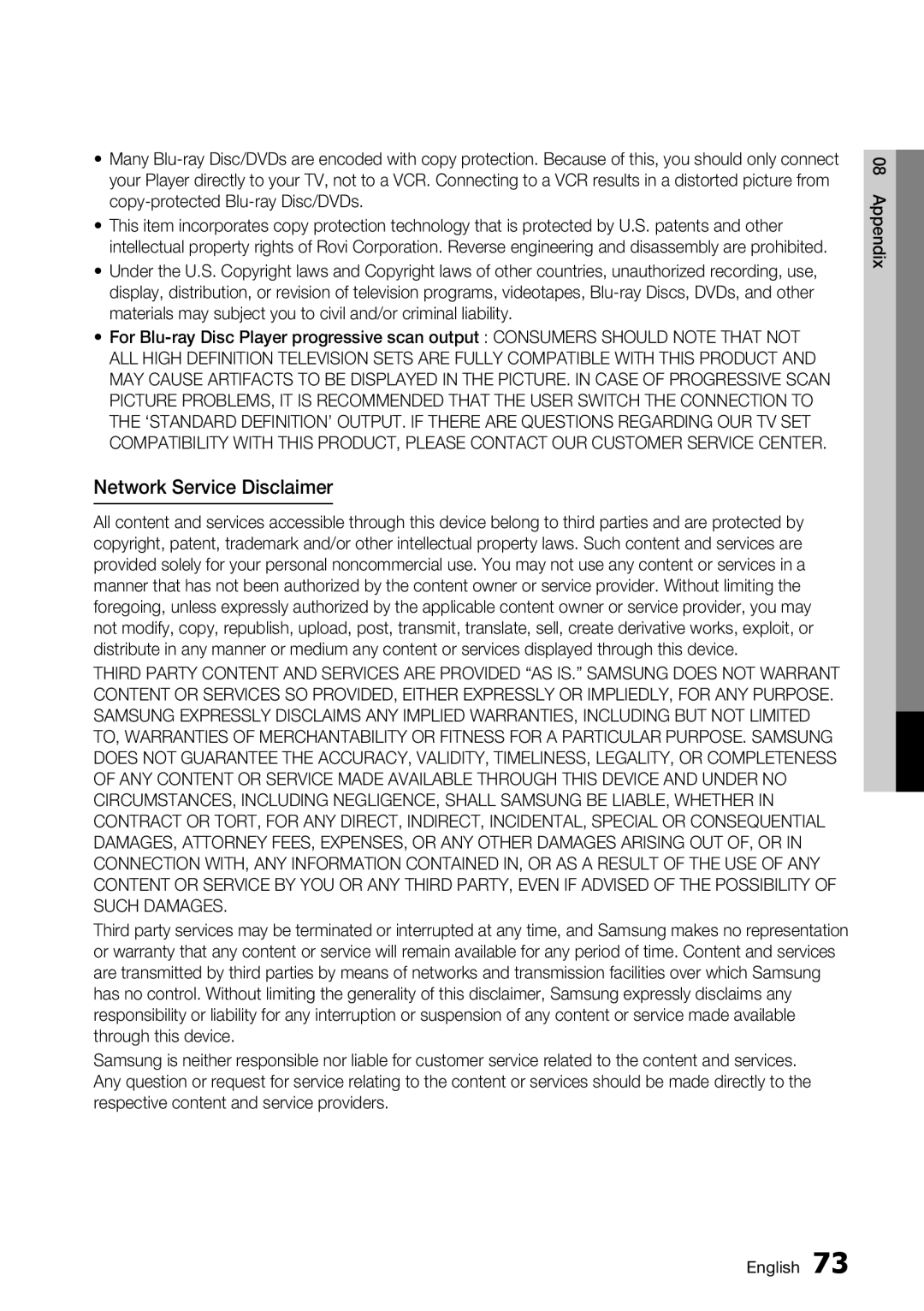 Samsung BD-D7500 user manual Network Service Disclaimer 