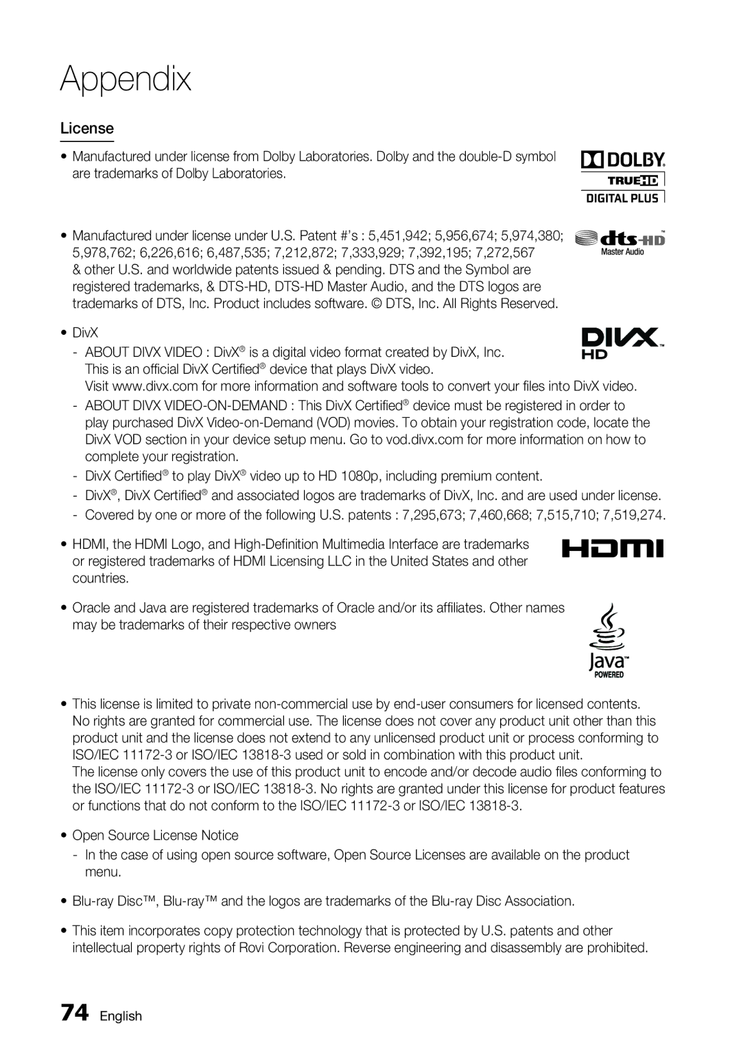 Samsung BD-D7500 user manual License, DivX 