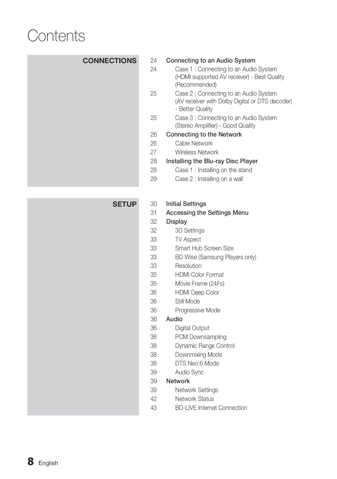 Samsung BD-D7500 Accessing the Settings Menu, Display, 3D Settings, TV Aspect, Smart Hub Screen Size, Resolution, Audio 