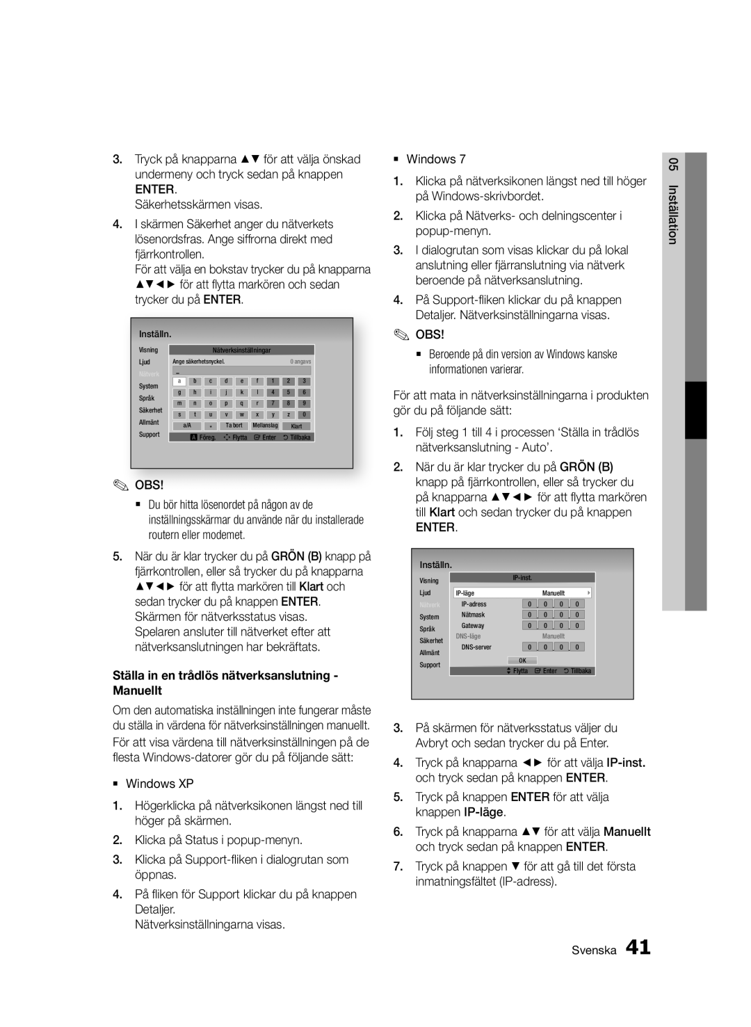 Samsung BD-D7500E/XE, BD-D7500B/XE, BD-D7500/XE manual Ställa in en trådlös nätverksanslutning Manuellt 