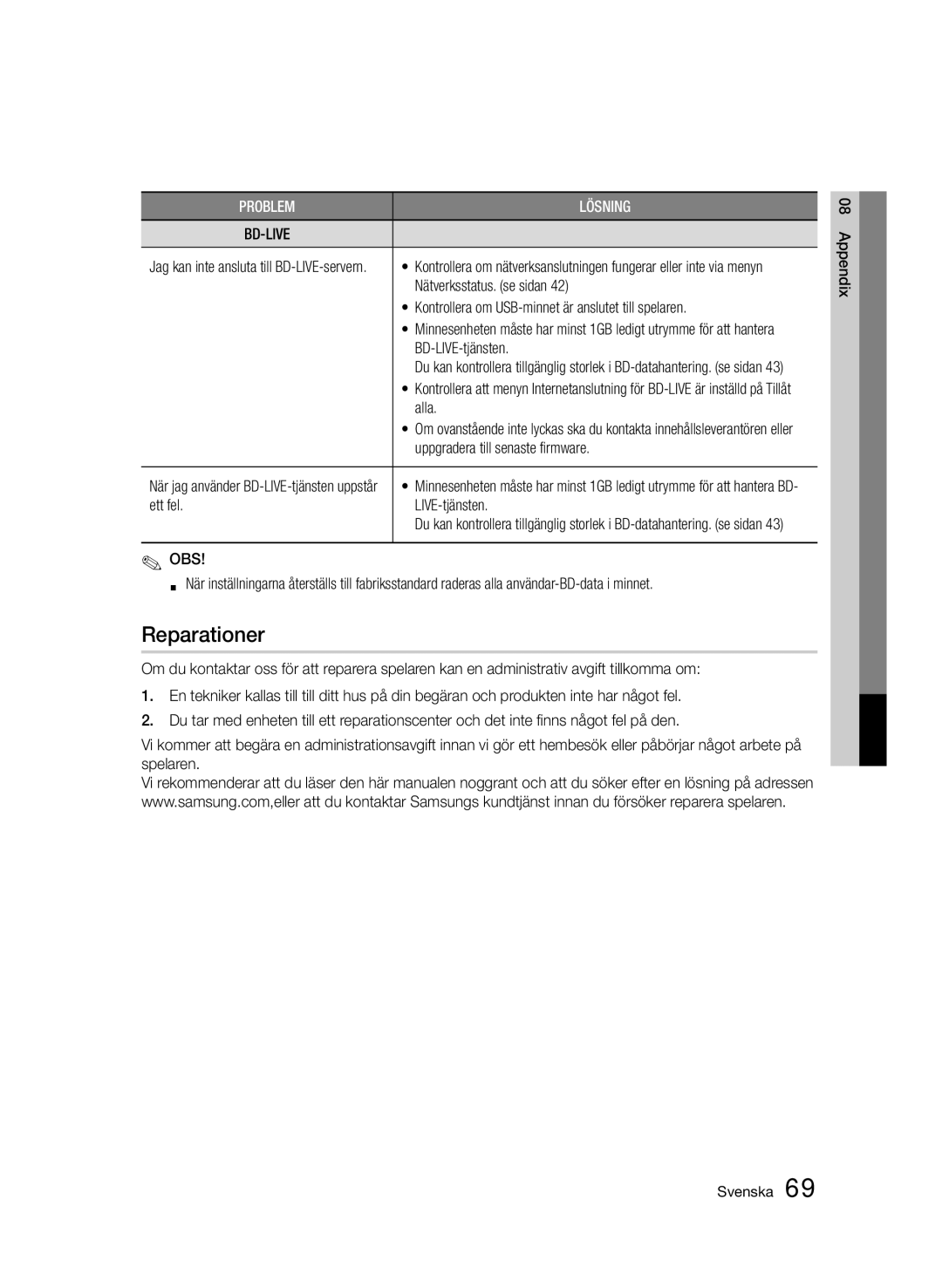 Samsung BD-D7500B/XE, BD-D7500/XE, BD-D7500E/XE manual Reparationer 