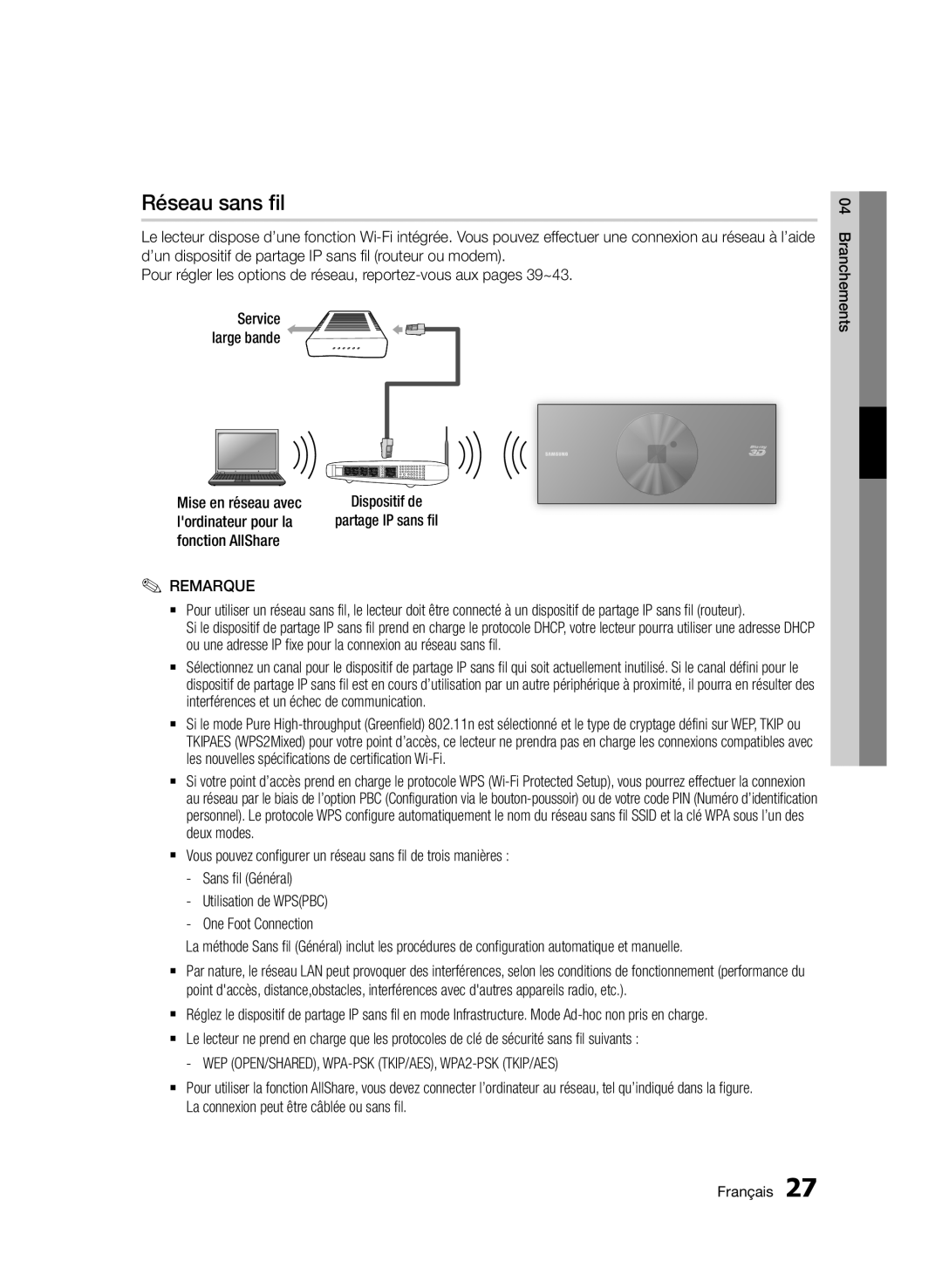 Samsung BD-D7500/EN, BD-D7500B/XN, BD-D7500/XN manual Réseau sans fil, Dispositif de Partage IP sans fil, Service large bande 