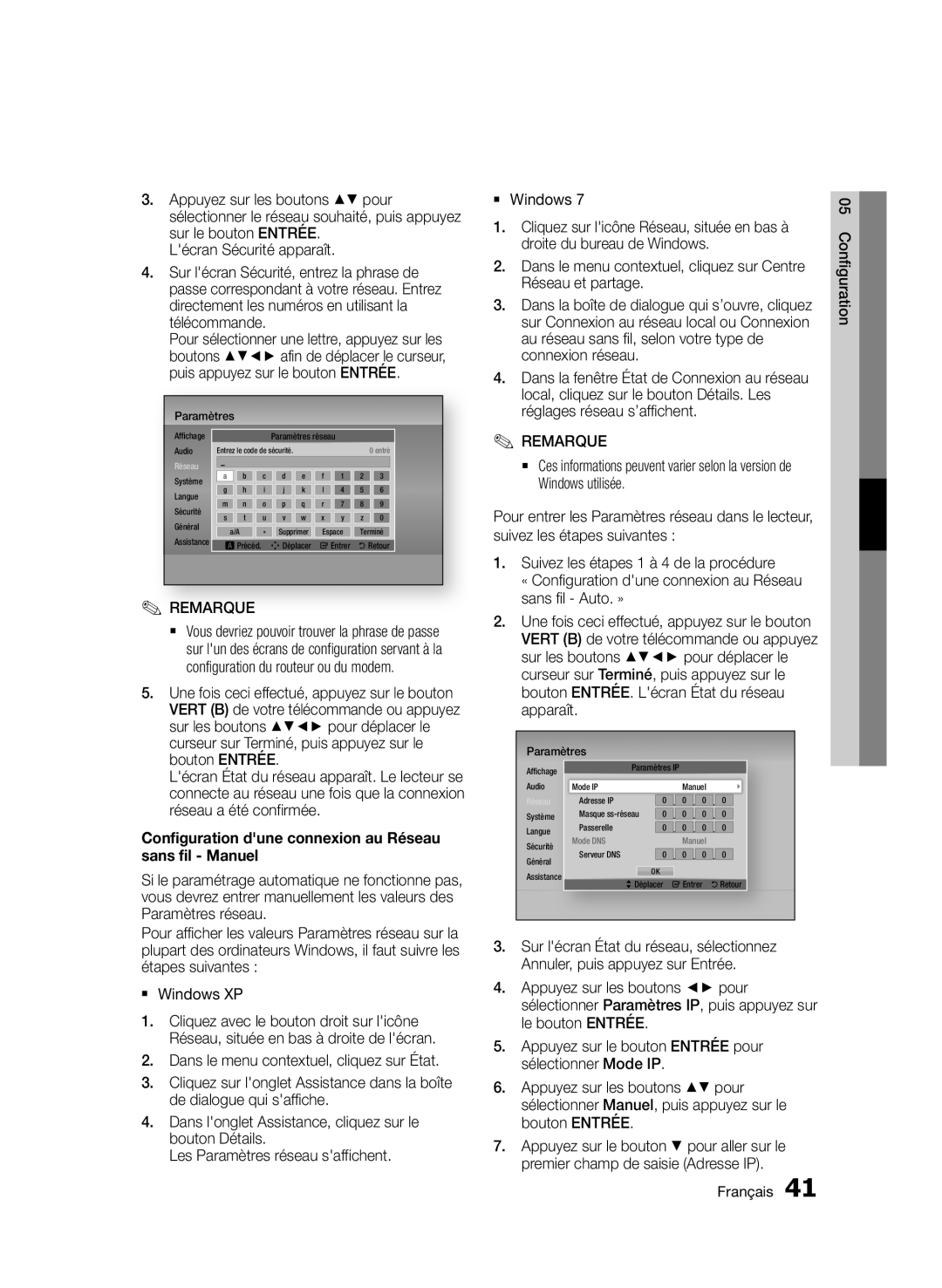 Samsung BD-D7500/EN, BD-D7500B/XN manual Configuration dune connexion au Réseau sans fil Manuel, Droite du bureau de Windows 