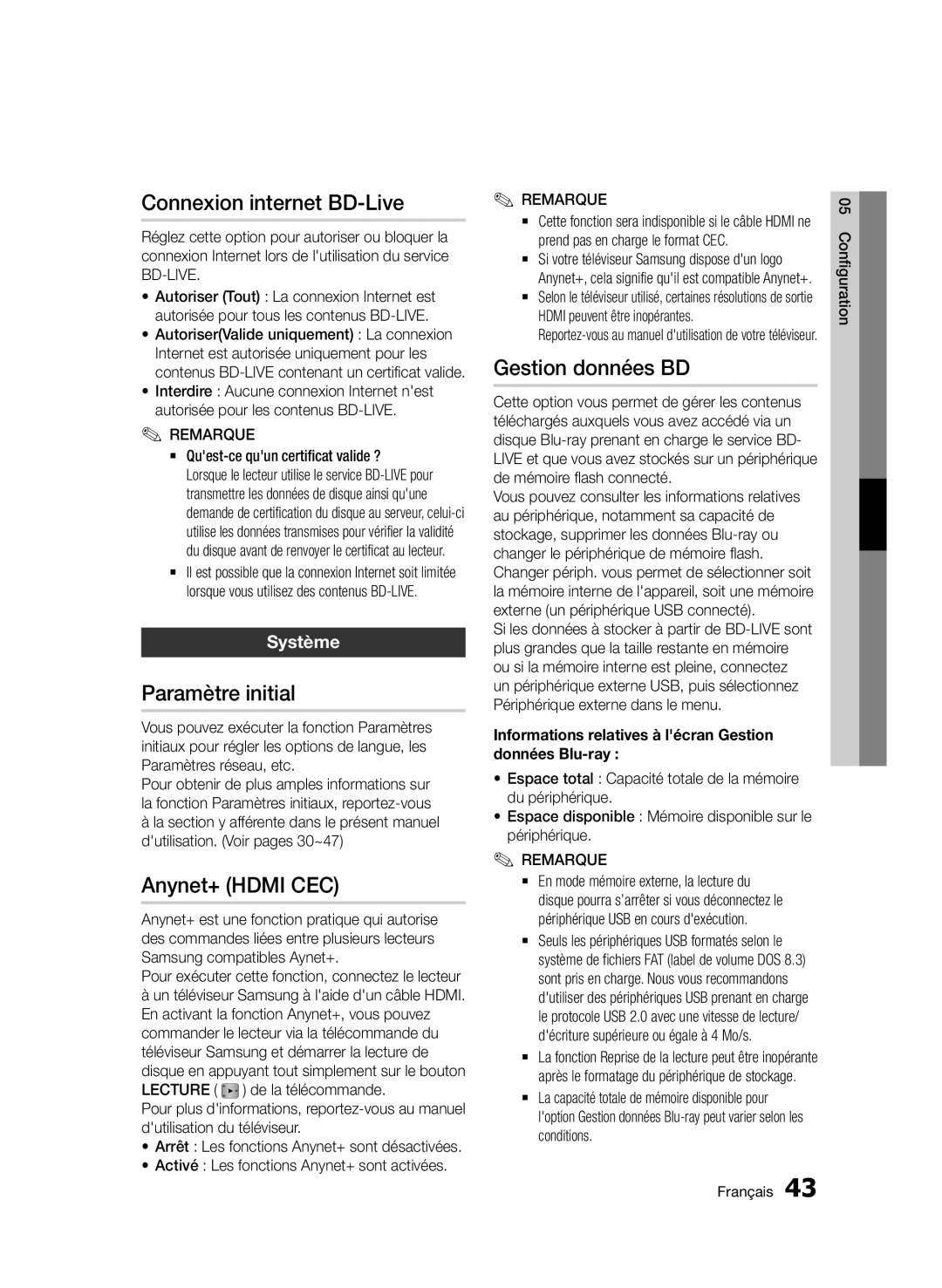 Samsung BD-D7500/XE manual Connexion internet BD-Live, Paramètre initial, Anynet+ Hdmi CEC, Gestion données BD, Système 