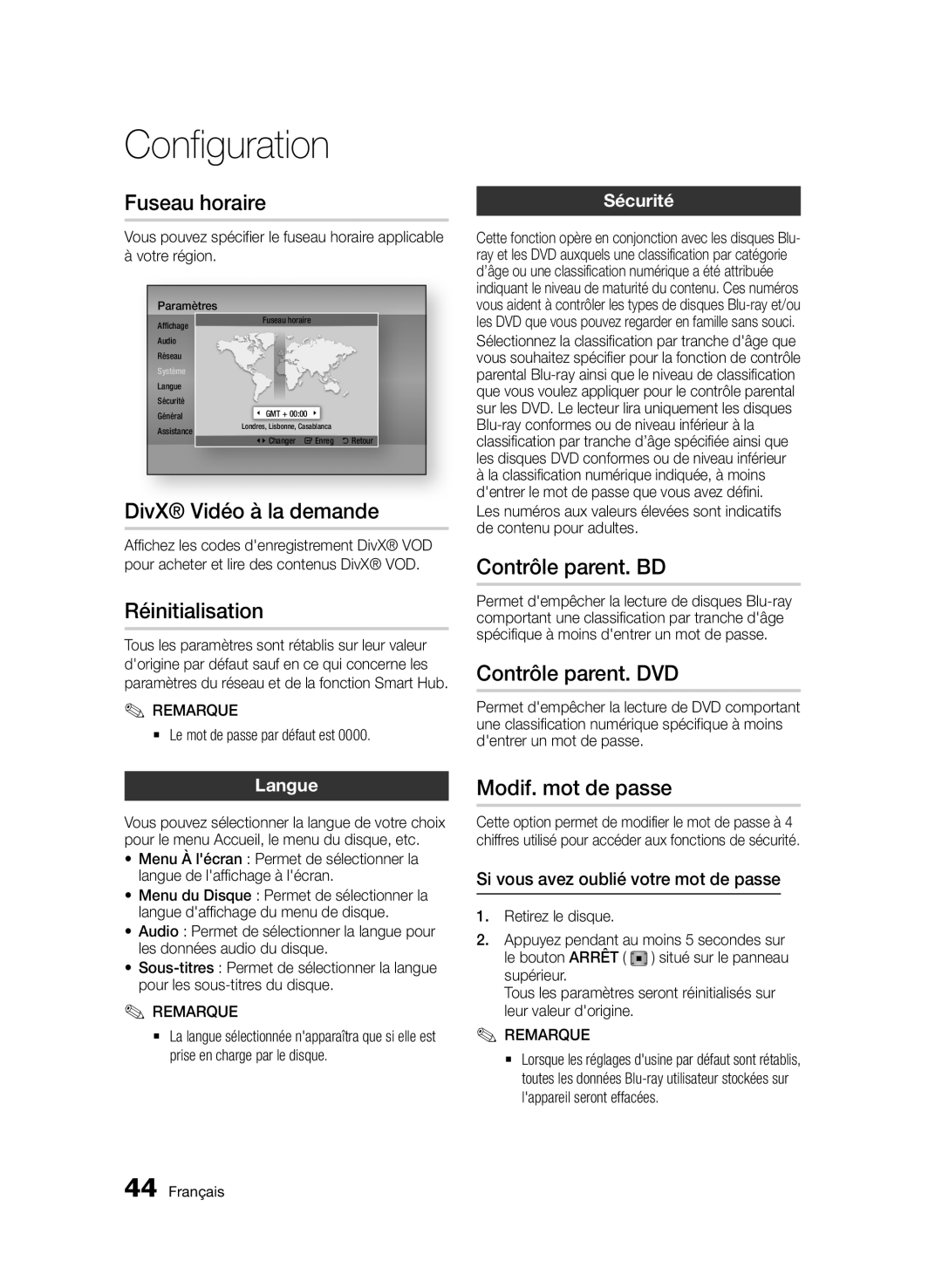 Samsung BD-D7500B/XN Fuseau horaire, DivX Vidéo à la demande, Réinitialisation, Contrôle parent. BD, Contrôle parent. DVD 