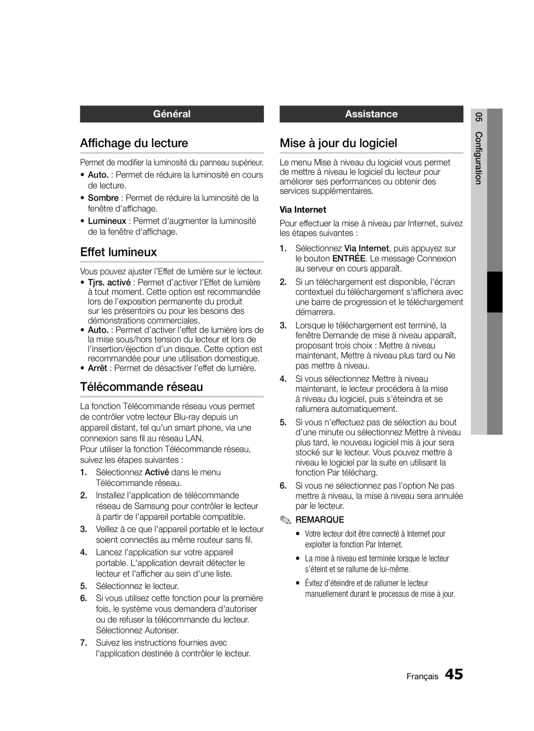 Samsung BD-D7500/XN, BD-D7500B/XN manual Affichage du lecture, Effet lumineux, Télécommande réseau, Mise à jour du logiciel 