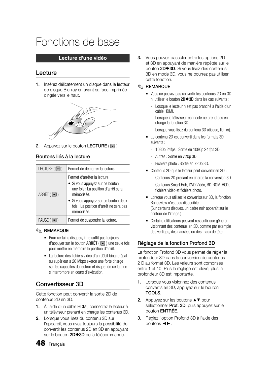 Samsung BD-D7500/EN, BD-D7500B/XN, BD-D7500/XN, BD-D7500/ZF Fonctions de base, Convertisseur 3D, Lecture d’une vidéo 