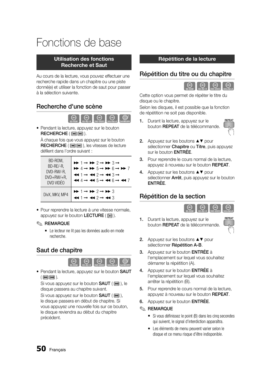 Samsung BD-D7500/XE Recherche dune scène, Saut de chapitre, Répétition du titre ou du chapitre, Répétition de la section 